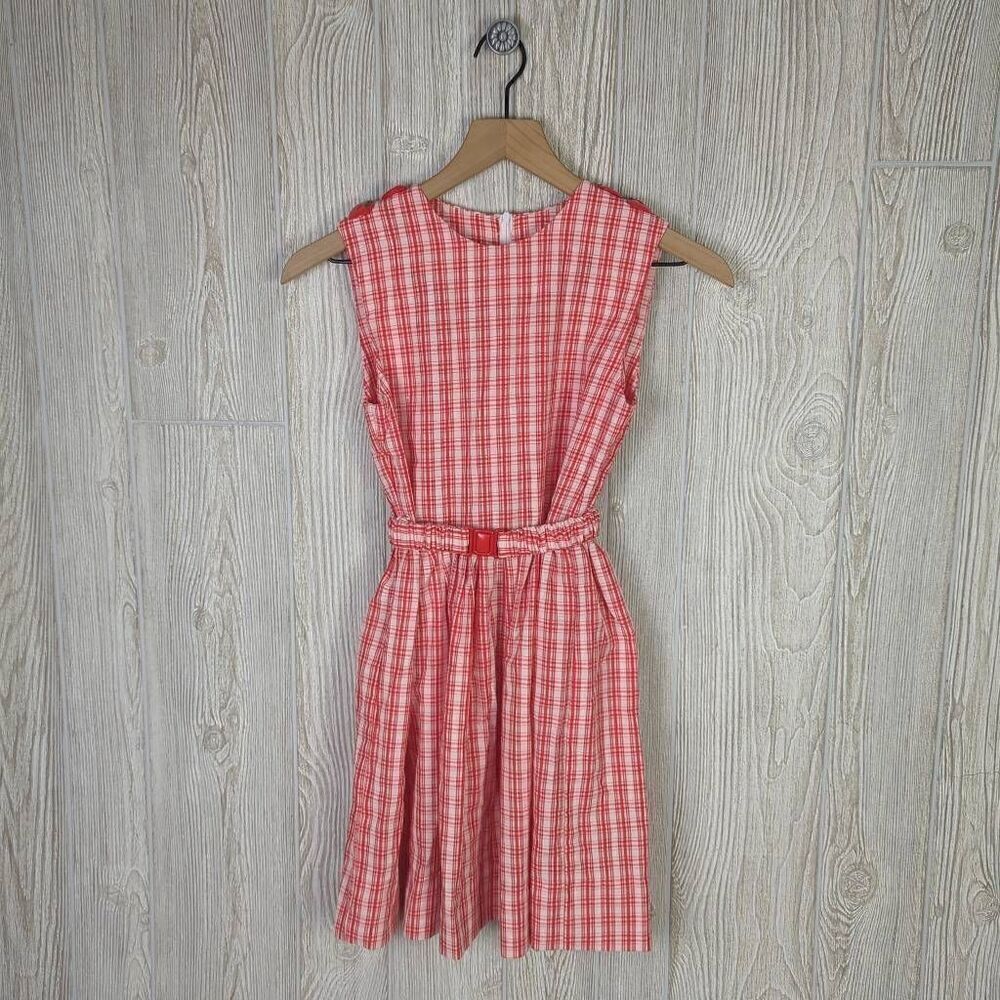 Little Girls Approx Medium Red White Check Sleeveless Dress Apple Embellishments